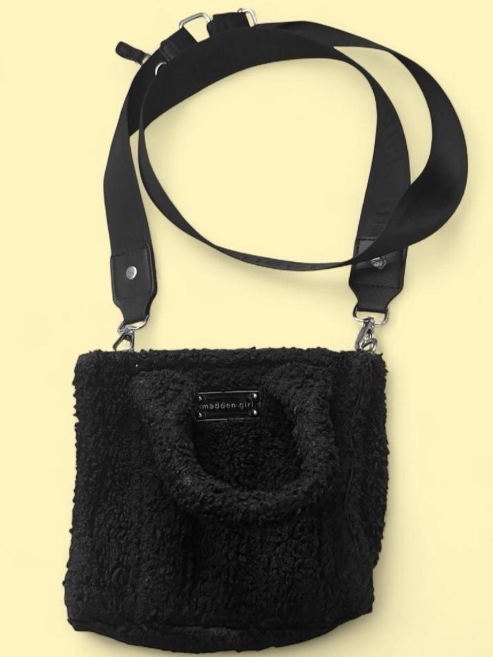 Madden Girl Black Sherpa Mini Crossbody with Wide Strap